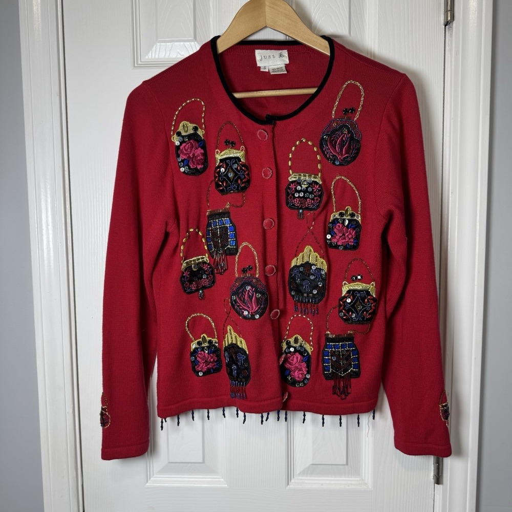 Vintage Just B Red Purse Embroidered BEADED Cardigan SIZE Small